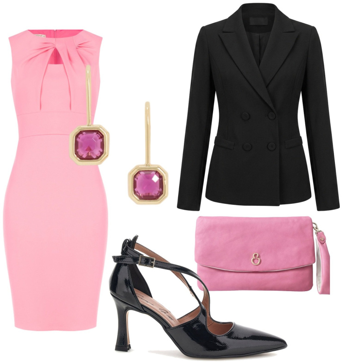 Outfit donna - Cocktail party. Stile Chic per Serata fuori. Abbinamento con vestiti a tubino, pochette, blazer, orecchini, décolleté.