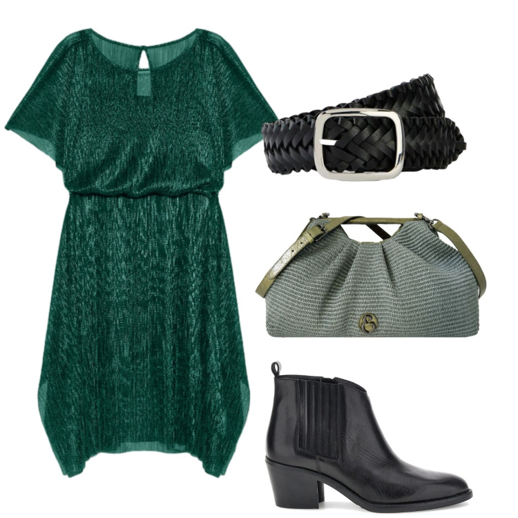 Outfit donna - Il vestito smeraldo. Stile Casual per Tutti i giorni. Abbinamento con cinture, vestiti asimmetrici, clutch, stivaletti texani.