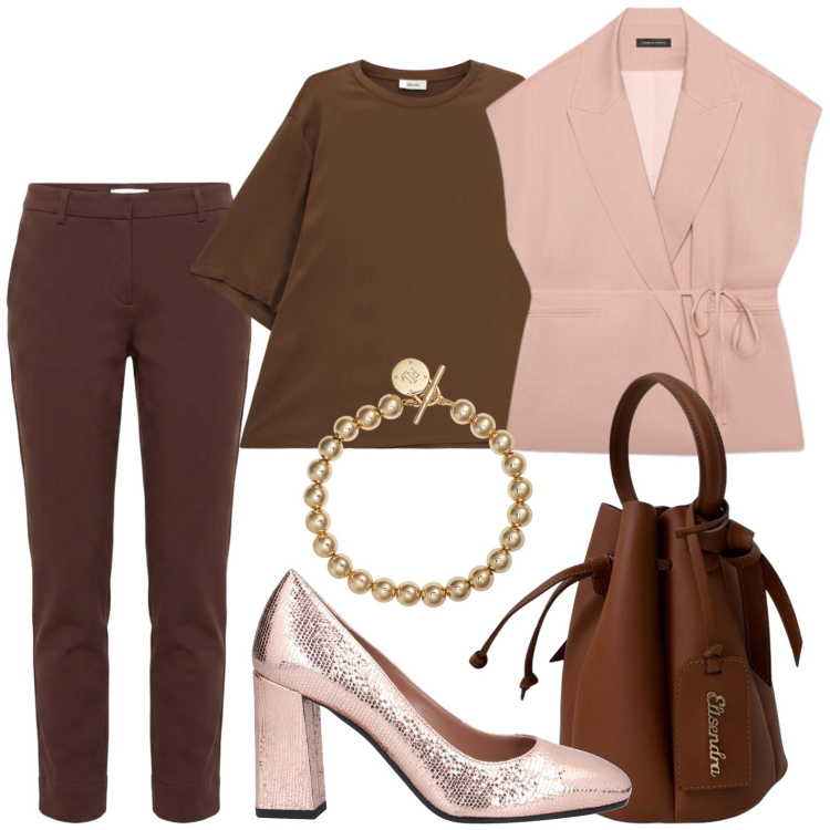 Outfit donna - Giacca smanicata. Stile Trendy per Tutti i giorni. Abbinamento con décolleté, pantaloni, t-shirt, gilet, borse a secchiello, braccialetti.