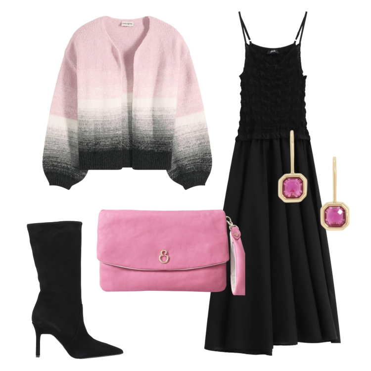 Outfit donna - Cardigan sfumato e abito sottoveste. Stile Chic per Serata fuori. Abbinamento con stivali, cardigans, vestiti lunghi, pochette, orecchini.