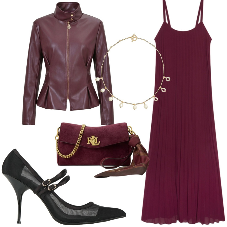 Outfit donna - Slip dress wine. Stile Casual per Serata fuori. Abbinamento con décolleté, giacche, vestiti lunghi, collane, borse a tracolla.