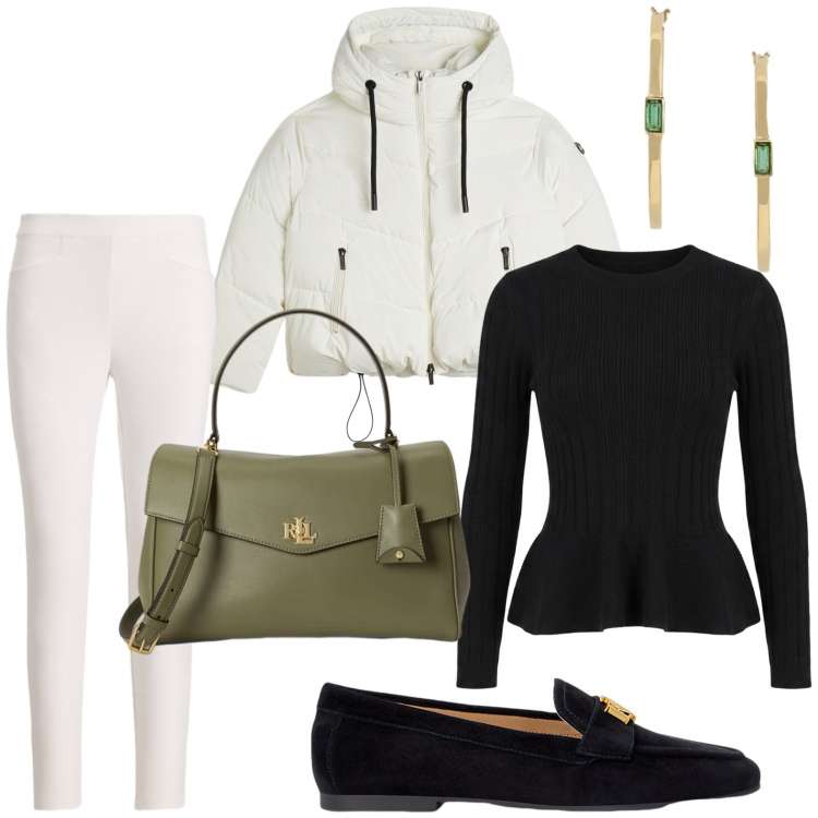 Outfit donna - Mocassini con gioiello. Stile Glamour per Tutti i giorni. Abbinamento con maglieria, piumini, pantaloni, mocassini, borse a mano, orecchini.