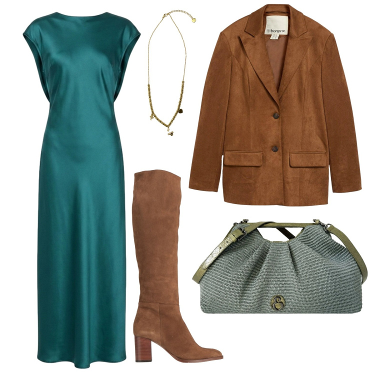 Outfit donna - I colori dell\'autunno. Stile Glamour per Tutti i giorni. Abbinamento con stivali, blazer, ciondoli, clutch, vestiti lunghi.