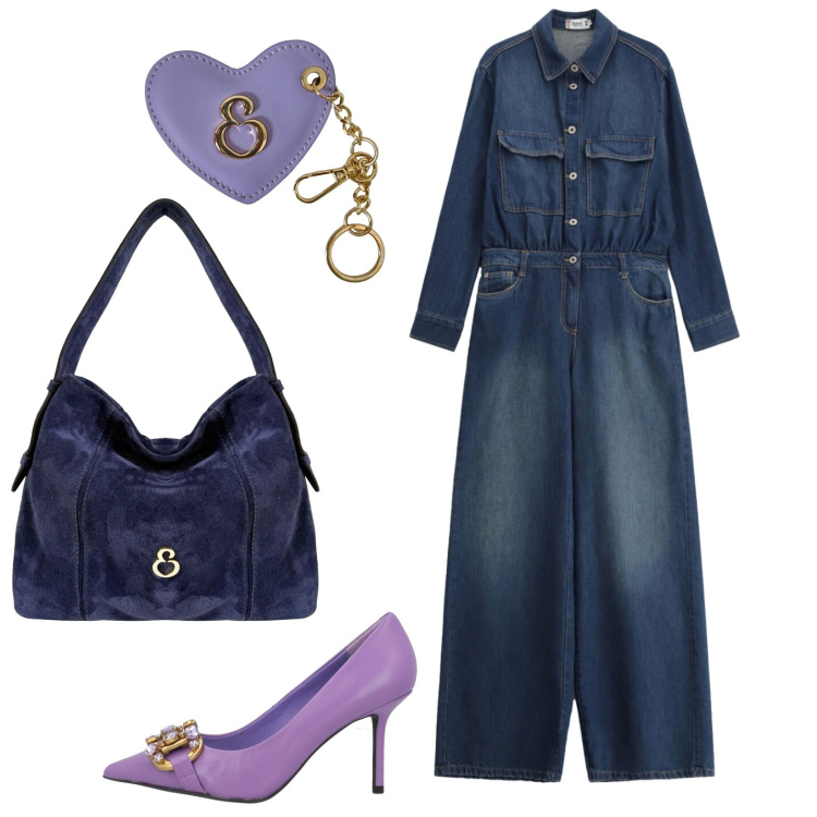 Outfit donna - La jumpsuit in denim. Stile Trendy per Ufficio. Abbinamento con décolleté, tute, borse a spalla, portachiavi.