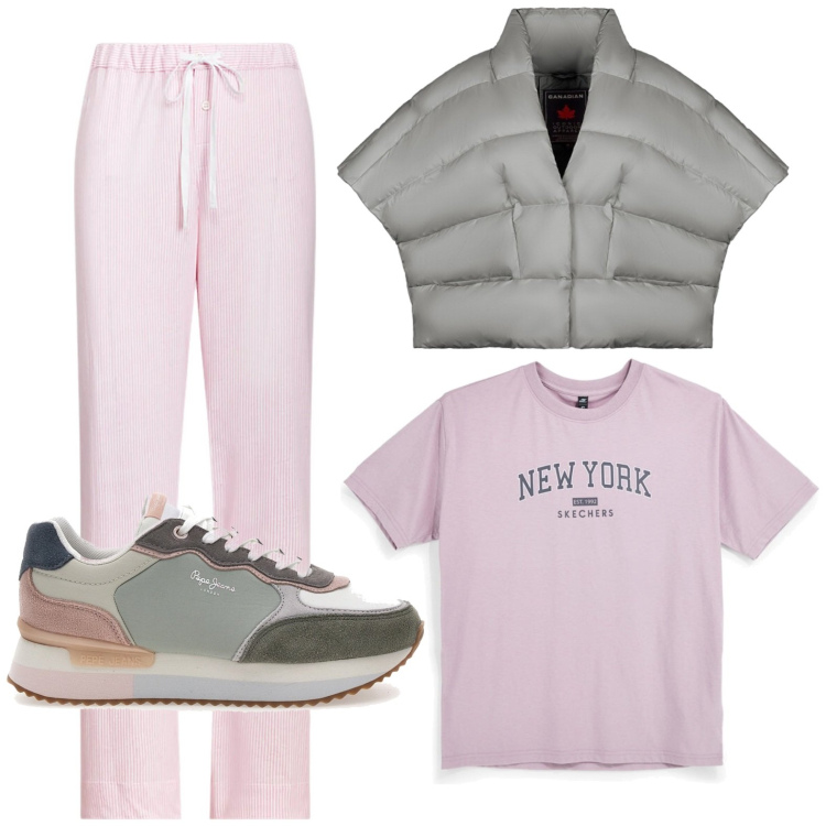 Outfit donna - Lunghe passeggiate. Stile Casual per Tutti i giorni. Abbinamento con piumini, pantaloni, sneakers, t-shirt.