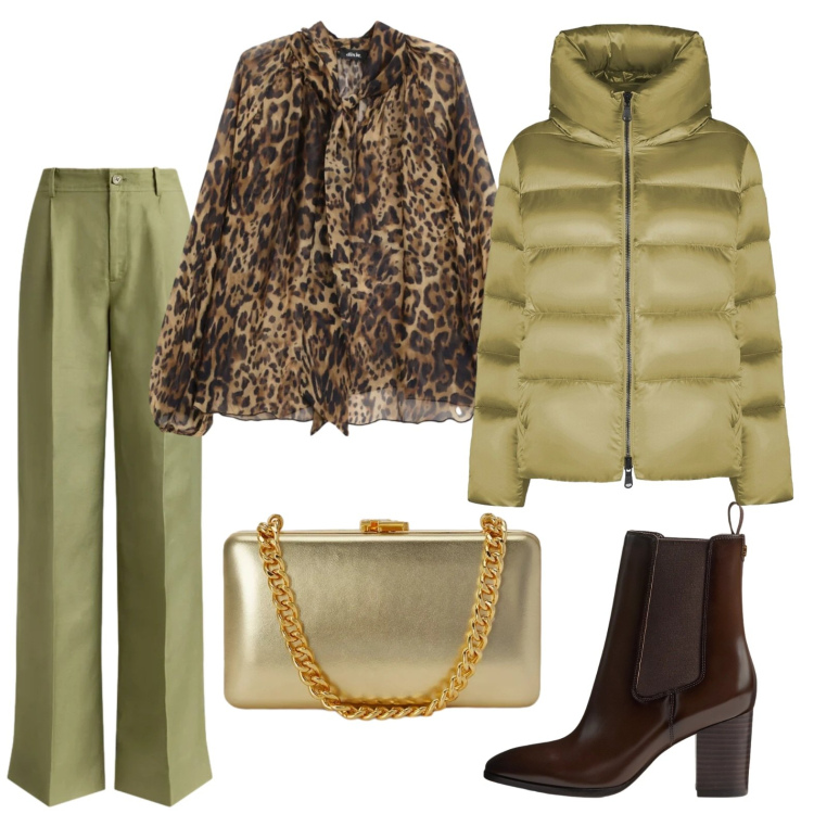 Outfit donna - Al torneo di burraco. Stile Casual chic per Serata fuori. Abbinamento con bluse, piumini, clutch, pantaloni, stivaletti.