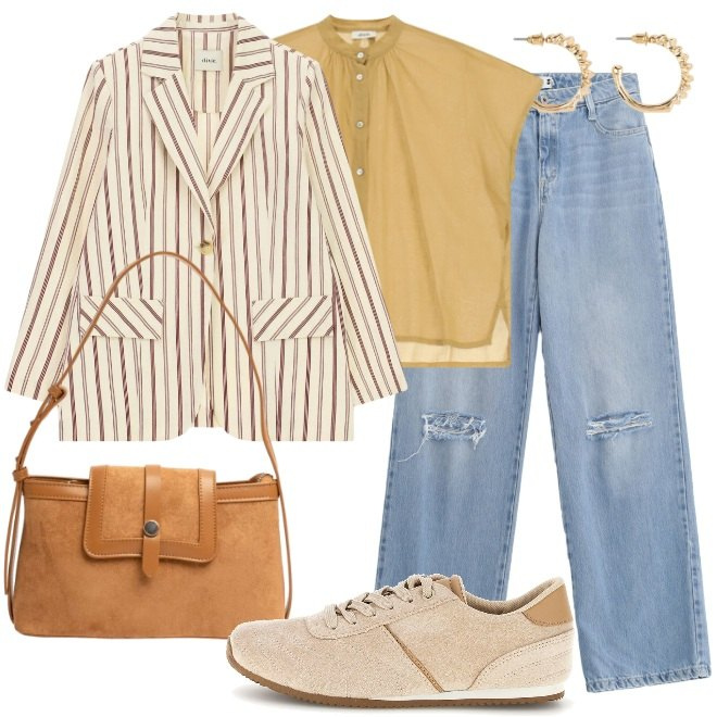 Outfit donna - Blusa senape. Stile Casual chic per Tutti i giorni. Abbinamento con orecchini, blazer, camicie a manica corta, jeans strappati, borse a tracolla, sneakers.