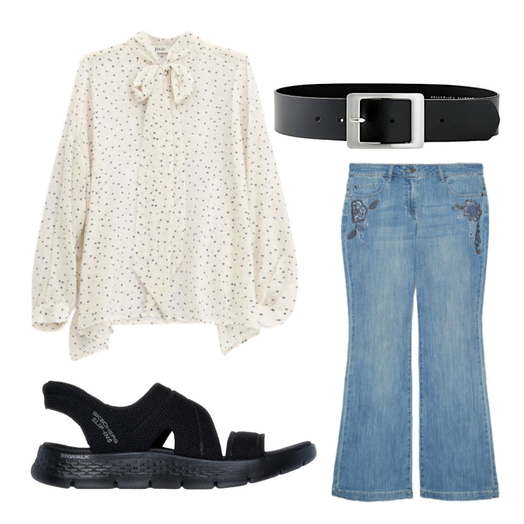 Outfit donna - Ufficio settembre. Stile Sporty chic per Ufficio. Abbinamento con cinture, camicie, jeans, sandali col tacco.