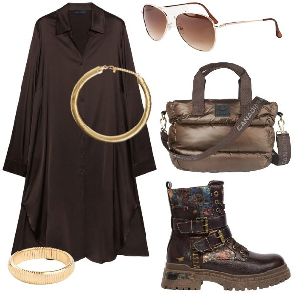 Outfit donna - Total look #2466770. Stile Urban per Tutti i giorni. Abbinamento con braccialetti, occhiali da sole, anfibi, vestiti chemisier, borse a tracolla, collane.