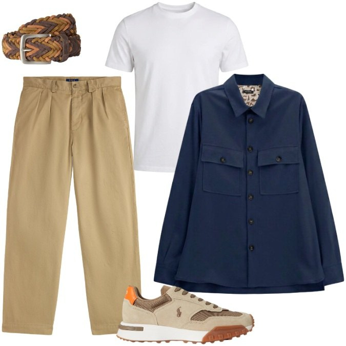 Outfit uomo - Curato e alla moda. Stile Casual per Tutti i giorni. Abbinamento con cinture, t-shirt, camicie, sneakers, pantaloni chino.