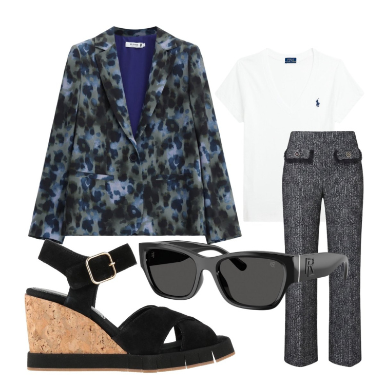 Outfit donna - Aperitivo e cinema. Stile Preppy per Serata fuori. Abbinamento con sandali in pelle, pantaloni, blazer, occhiali da sole, t-shirt.