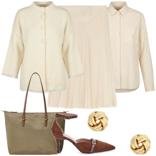 Outfit donna - look Avorio a settembre. Stile Casual chic per Tutti i giorni. Abbinamento con gonne longuette, camicie, cardigans, borse tote, orecchini, décolleté.