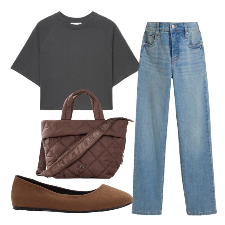 Outfit donna - Settembre. Stile Basic per Ufficio. Abbinamento con ballerine, jeans, borse tote, t-shirt.
