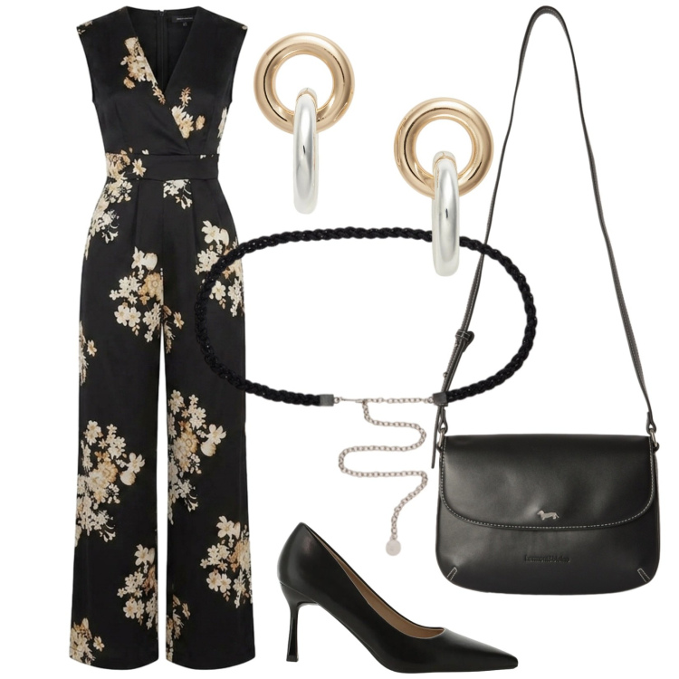 Outfit donna - Buon compleanno. Stile Vintage retrò per Serata fuori. Abbinamento con borse a tracolla, décolleté, cinture, tute, orecchini.