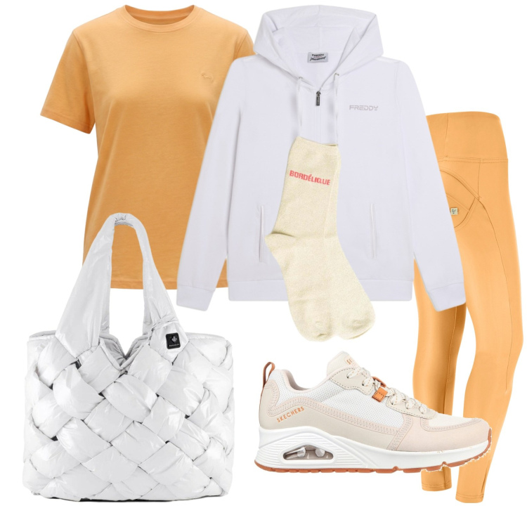 Outfit donna - La borsa sportiva. Stile Sporty chic per Tutti i giorni. Abbinamento con t-shirt, pantaloni skinny, felpe con cappuccio, borse tote, calzini, sneakers alte.