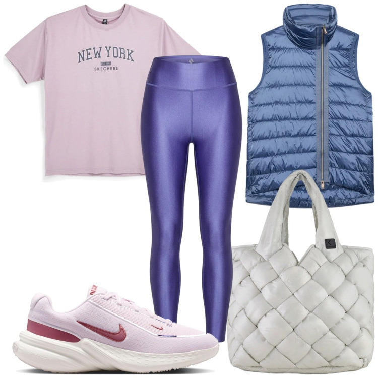 Outfit donna - Total look #2466790. Stile Trendy per Sport. Abbinamento con piumini, borse tote, leggings, sneakers, t-shirt.