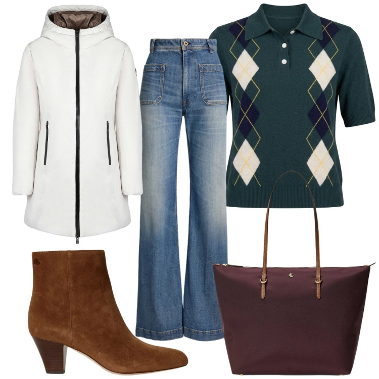Outfit donna - Total look #2466791. Stile 70s per Tutti i giorni. Abbinamento con maglieria, cappotti, jeans bootcut, borse tote, stivaletti.