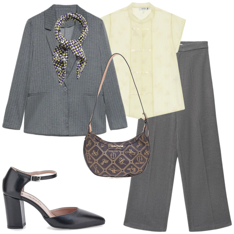 Outfit donna - City. Stile Urban per Tutti i giorni. Abbinamento con foulard, blazer, pantaloni, camicie a manica corta, décolleté, borse a tracolla.