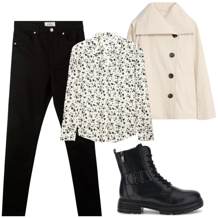 Outfit donna - Primi freddi. Stile Chic per Ufficio. Abbinamento con trench, pantaloni skinny, camicie, anfibi.