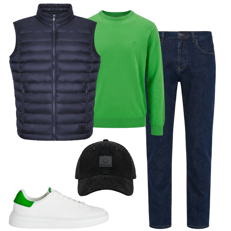 Outfit uomo - City. Stile Casual per Tutti i giorni. Abbinamento con pullovers, sneakers, jeans, piumini, cappelli con visiera.