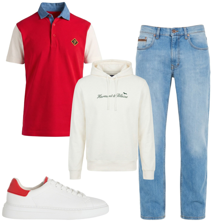 Outfit uomo - Settembre. Stile Casual per Tutti i giorni. Abbinamento con jeans, felpe con cappuccio, sneakers, polo.