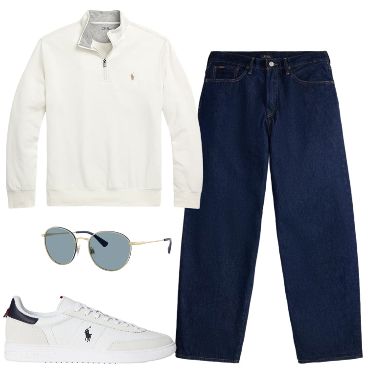 Outfit uomo - Settembre. Stile Casual per Tutti i giorni. Abbinamento con pullovers, sneakers, occhiali da sole, jeans.