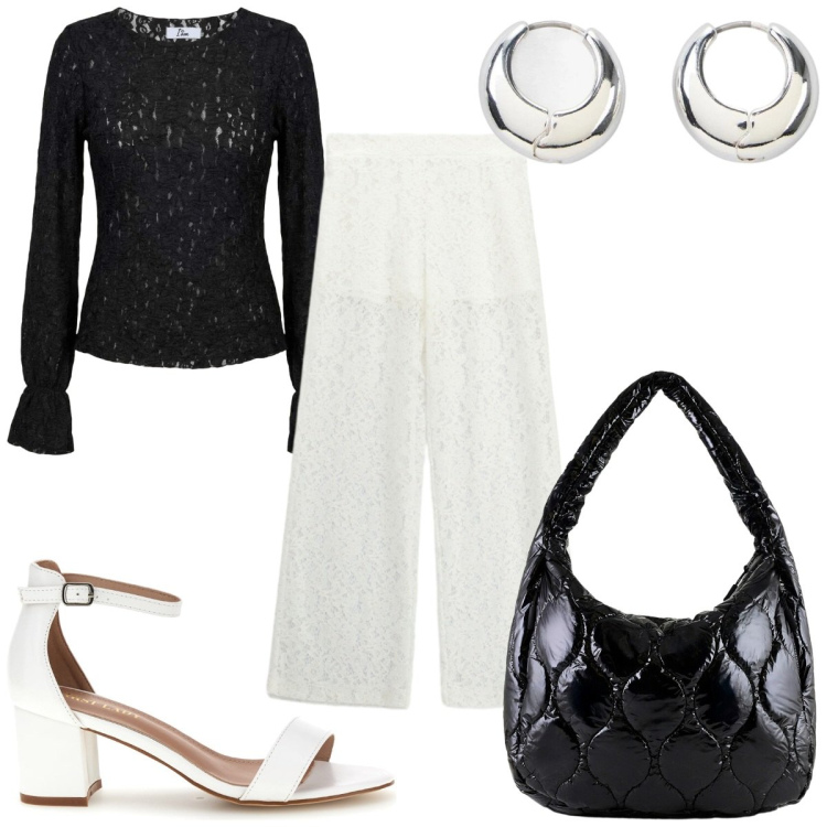 Outfit donna - Total look #2466799. Stile Trendy per Tutti i giorni. Abbinamento con orecchini, pantaloni a palazzo, top, borse tote, sandali col tacco.