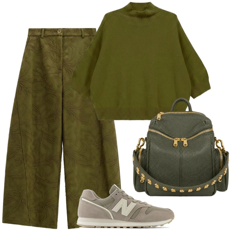 Outfit donna - Verde autunnale. Stile Chic per Tutti i giorni. Abbinamento con pantaloni a palazzo, maglieria, zaini, sneakers.