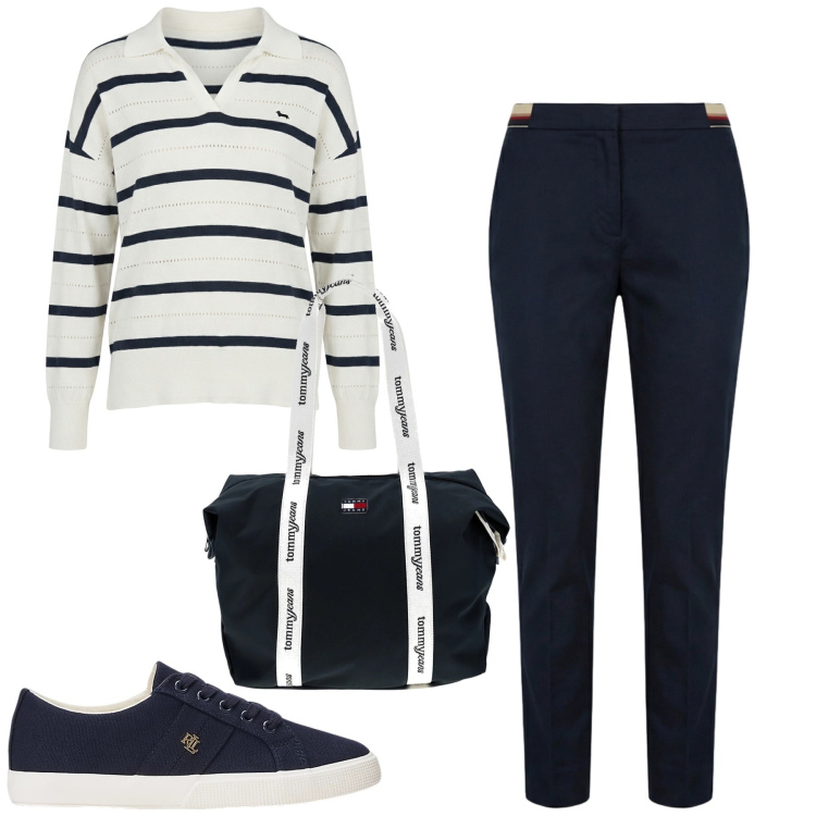 Outfit donna - Settembre. Stile Casual chic per Tutti i giorni. Abbinamento con pantaloni chino, maglieria, sneakers, shopping bag.