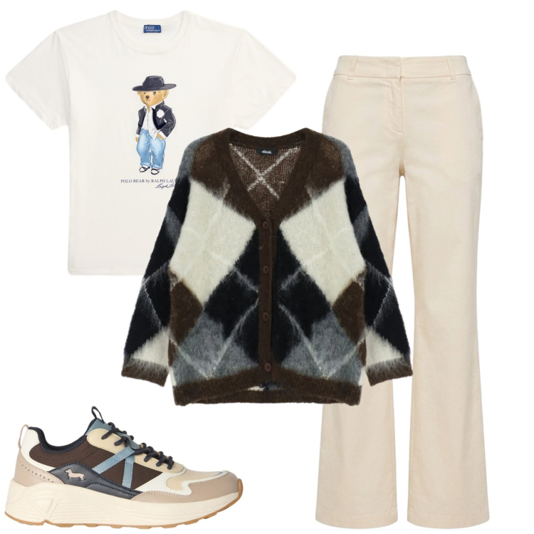 Outfit donna - City. Stile Casual chic per Tutti i giorni. Abbinamento con sneakers, pantaloni, cardigans, t-shirt.