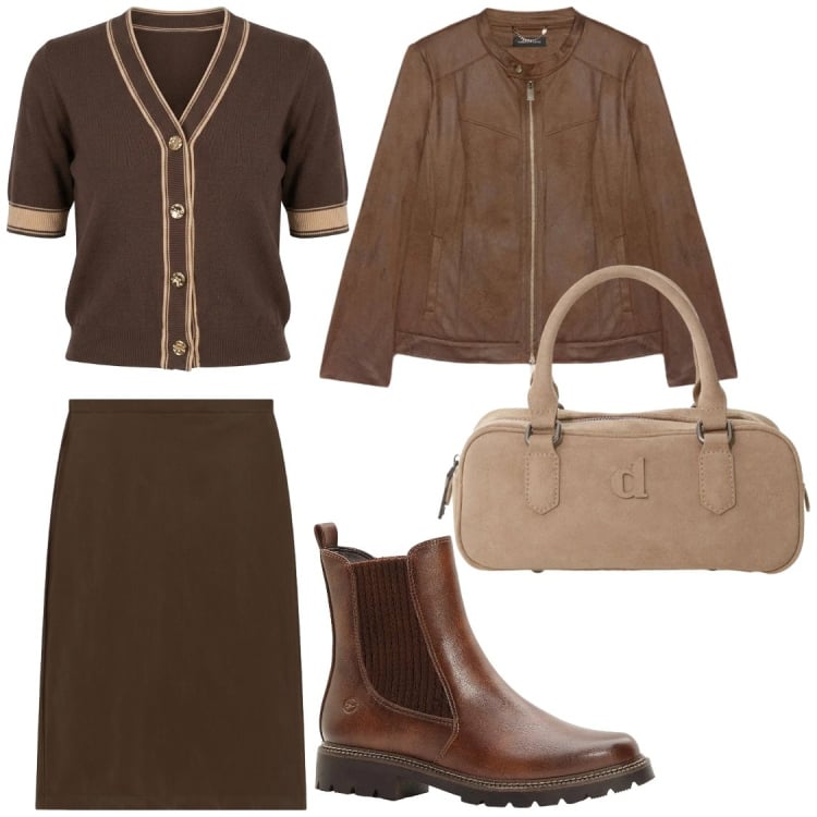 Outfit donna - Dolce autunno. Stile Chic per Ufficio. Abbinamento con stivaletti, borse a mano, gonne longuette, blazer, cardigans.