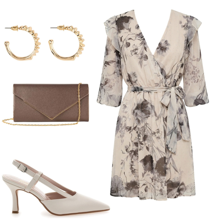 Outfit donna - Elegante. Stile Chic per Cerimonia. Abbinamento con orecchini, vestiti corti, clutch, décolleté.