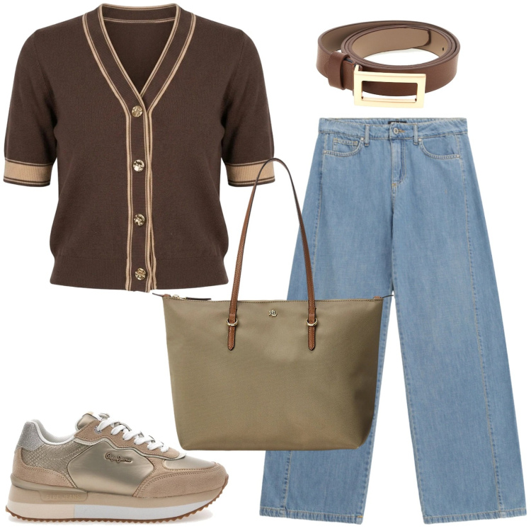 Outfit donna - Total look #2466807. Stile Basic per Ufficio. Abbinamento con jeans, cardigans, borse tote, sneakers, cinture.