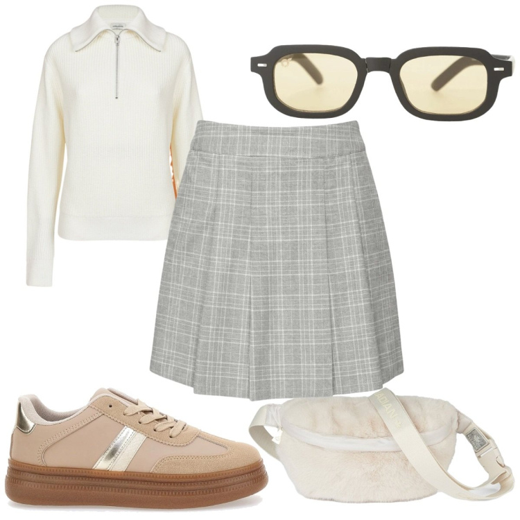 Outfit donna - Total look #2466808. Stile Preppy per Tutti i giorni. Abbinamento con occhiali da sole, maglieria, minigonne, marsupi, sneakers.