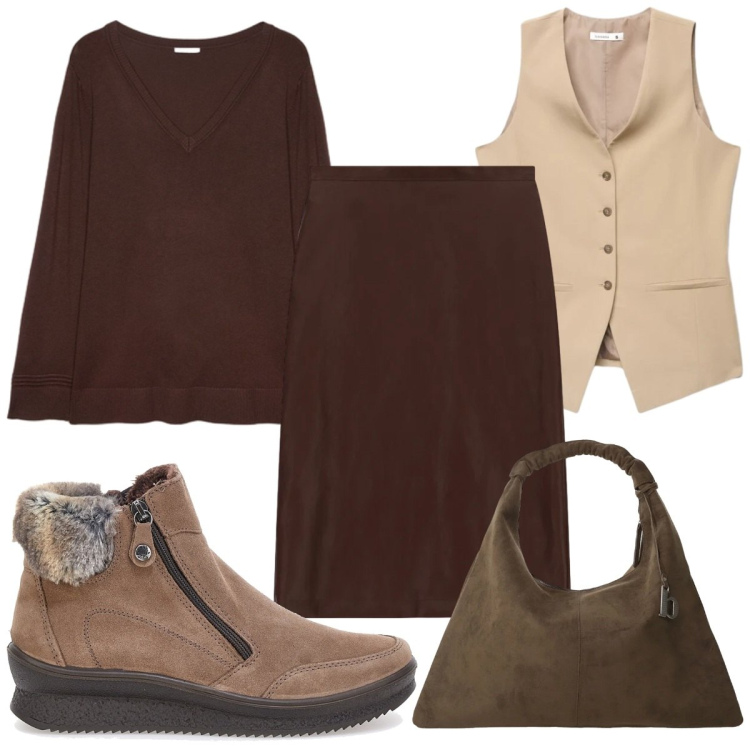 Outfit donna - Total look #2466811. Stile Trendy per Tutti i giorni. Abbinamento con borse a spalla, gonne longuette, gilet, maglieria, stivaletti.