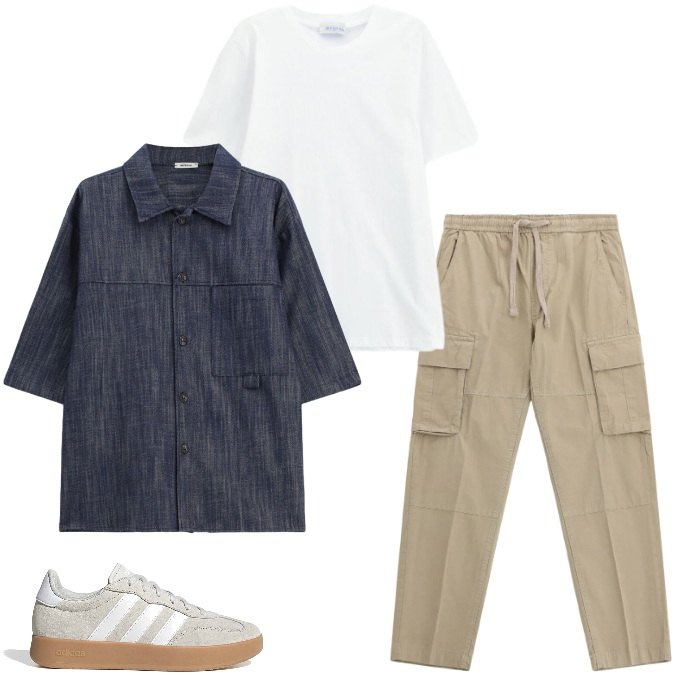 Outfit uomo - Mezza stagione estiva-ordinato e comodo. Stile Casual per Ufficio. Abbinamento con camicie a manica corta, t-shirt, pantaloni cargo, sneakers.
