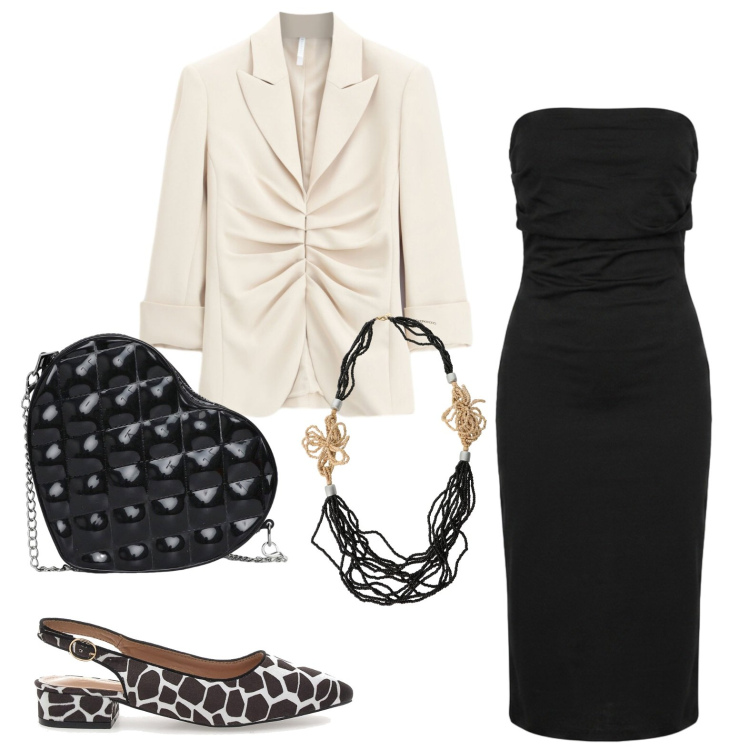 Outfit donna - Tubino e slingback maculate. Stile Bon Ton per Serata fuori. Abbinamento con blazer, collane, borse a tracolla, vestiti midi/longuette, ballerine.