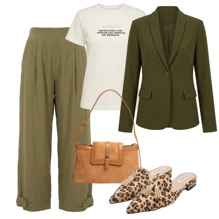 Outfit donna - Settembre. Stile Bon Ton per Tutti i giorni. Abbinamento con sabot, pantaloni, borse a tracolla, t-shirt, blazer.