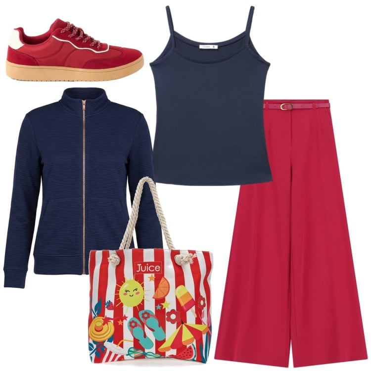 Outfit donna - La shopper divertente. Stile Casual per Ufficio. Abbinamento con sneakers, pantaloni a palazzo, canottiere, shopping bag, blazer.