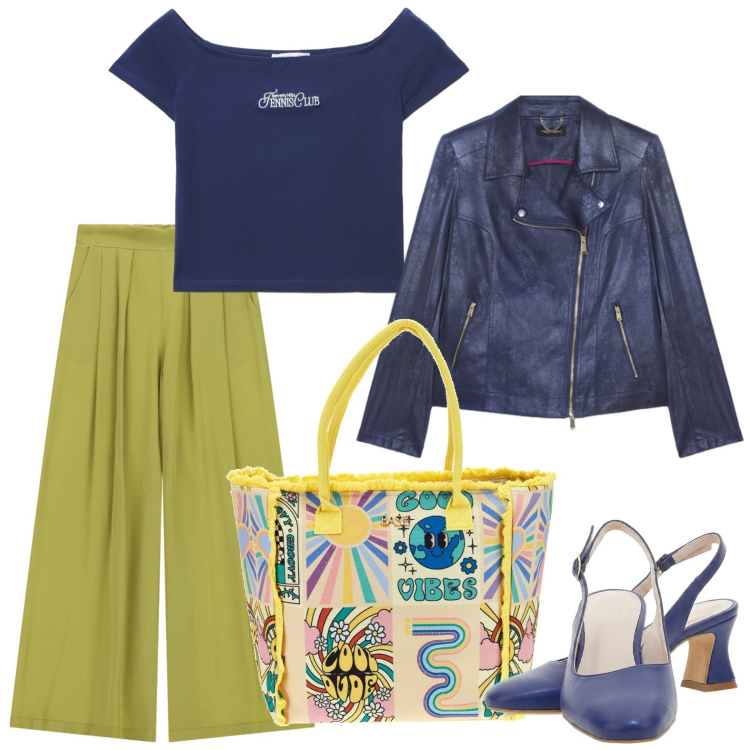 Outfit donna - Blu e lime. Stile Trendy per Ufficio. Abbinamento con pantaloni a palazzo, t-shirt, blazer, décolleté, borse a spalla.