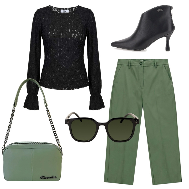 Outfit donna - A pranzo fuori. Stile Urban per Tutti i giorni. Abbinamento con top, pantaloni, occhiali da sole, borse a tracolla, stivaletti.