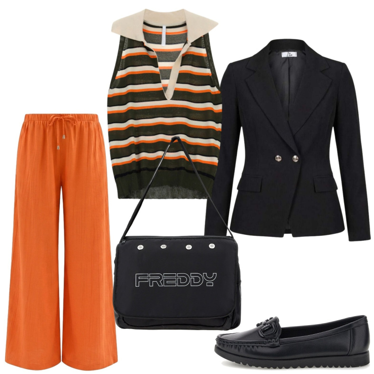 Outfit donna - Settimana di lavoro intenso. Stile Casual per Ufficio. Abbinamento con top, blazer, pantaloni a palazzo, borse messenger, mocassini.