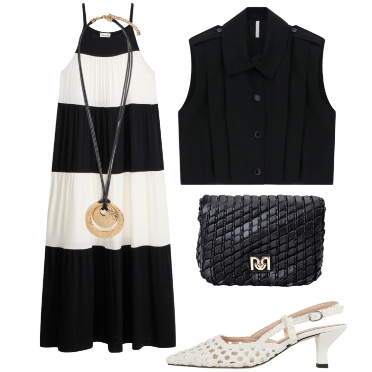 Outfit donna - Total look #2466840. Stile Trendy per Serata fuori. Abbinamento con décolleté, vestiti lunghi, borse a tracolla, gilet, ciondoli.