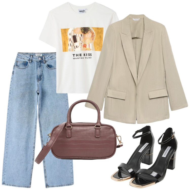 Outfit donna - Settembre. Stile Bon Ton per Tutti i giorni. Abbinamento con sabot, jeans, blazer, borse a tracolla, t-shirt.