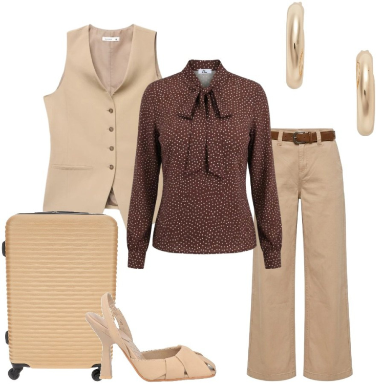 Outfit donna - Total look #2466843. Stile Casual chic per Tutti i giorni. Abbinamento con décolleté, gilet, bluse, pantaloni, orecchini, valigie.