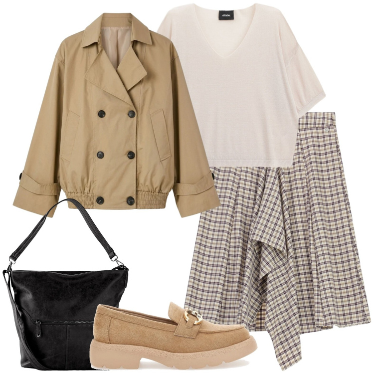 Outfit donna - Gonna midi. Stile Urban per Scuola/Università. Abbinamento con borse a spalla, maglieria, trench, gonne longuette, mocassini.