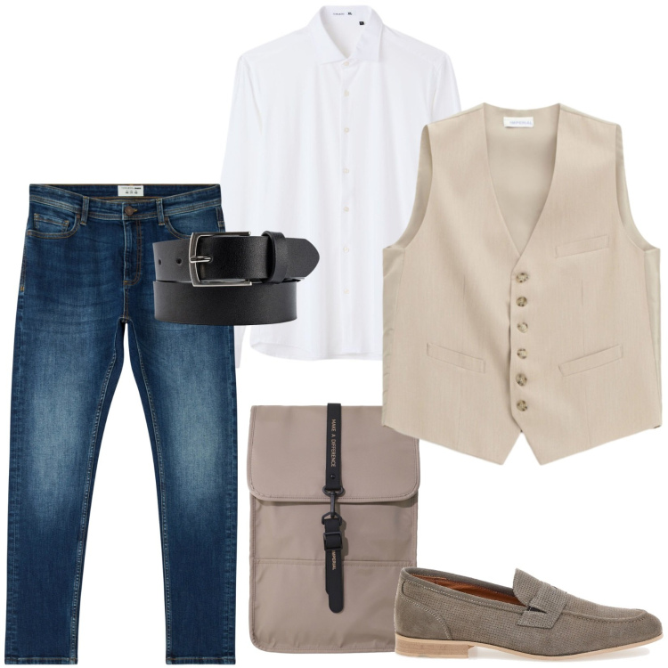 Outfit uomo - Total look #2466864. Stile Casual per Ufficio. Abbinamento con borse sportive, gilet, jeans skinny, camicie, cinture, scarpe stringate.