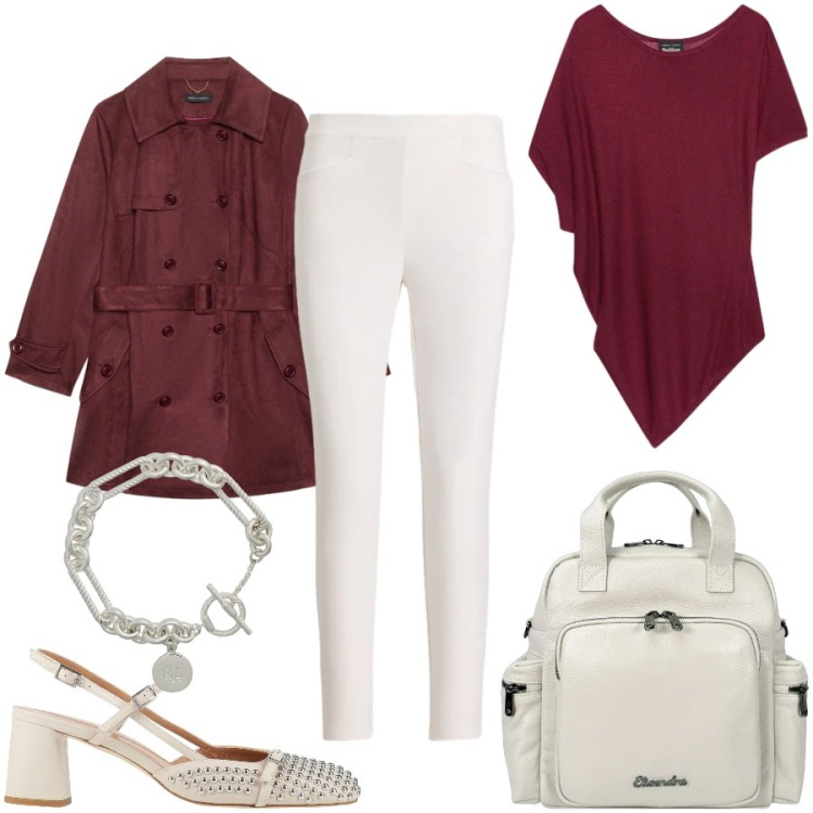 Outfit donna - Total look #2466876. Stile Casual chic per Tutti i giorni. Abbinamento con décolleté, top, trench, zaini, pantaloni, braccialetti.