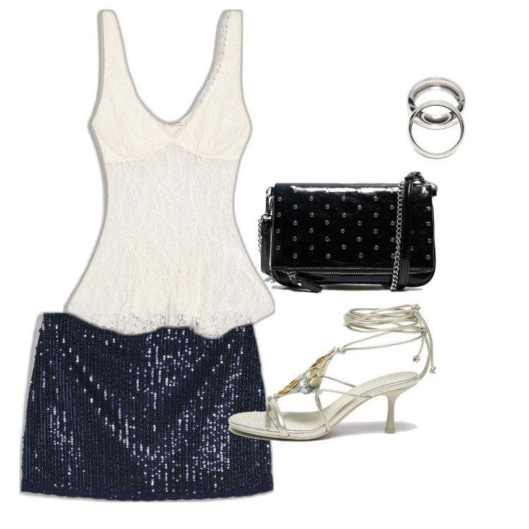 Outfit mujer - Sexy look. Estilo Sexy para Noche/Fiesta elegante. Combinación con top, clutch, sandalias de tacón, pulseras, faldas.