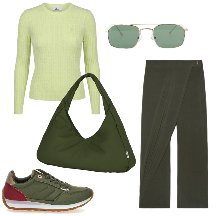 Outfit donna - Sfumature di verde. Stile Basic per Tutti i giorni. Abbinamento con occhiali da sole, maglieria, pantaloni, borse a spalla, sneakers.